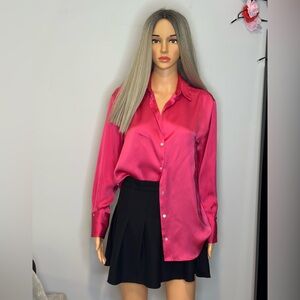 Zara Fuchsia Satin Button Down Shirt Sz XS/S